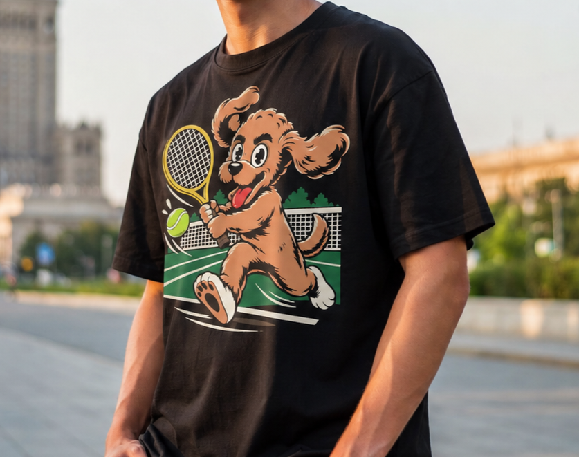 Tennis Dog artwork presented on a black t-shirt mockup