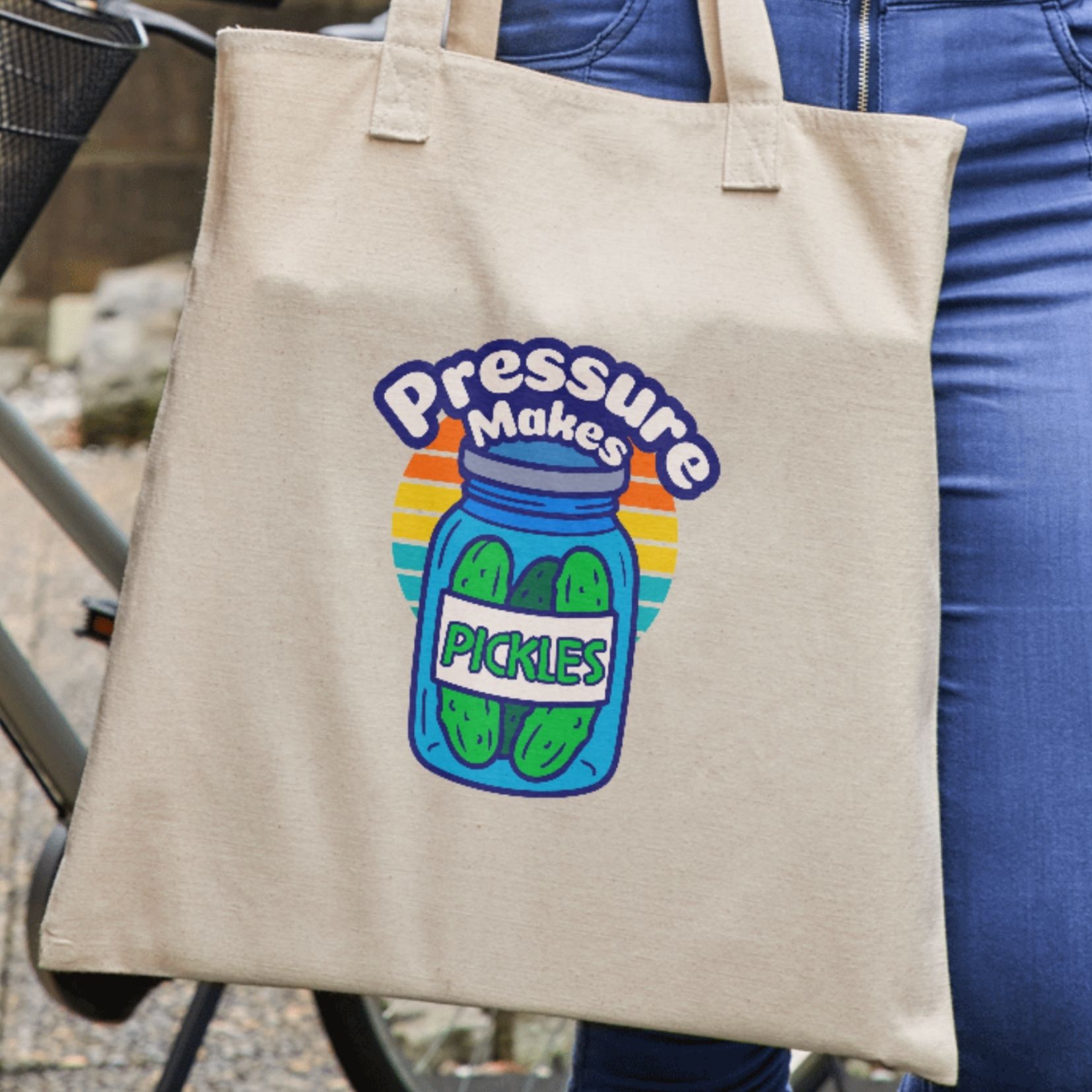 Pressure Makes Pickles tote bag mockup